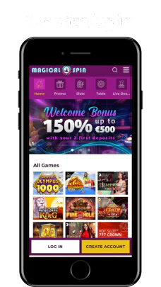 Version mobile de Magical Spin affichant le bonus de bienvenue, le menu de navigation et le catalogue de jeux